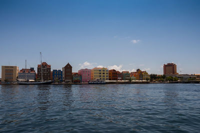 Buildings by river against sky in city