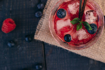 High angle view of strawberry on table