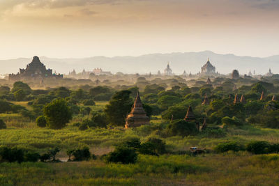 Panoramic view of temple on building against sky