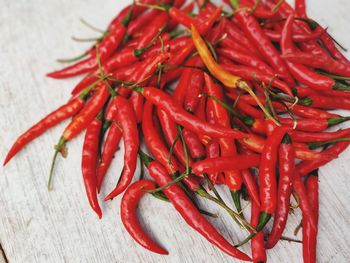 Close-up of red chili peppers on table