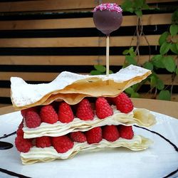 Close-up of cake served on table