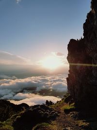 Scenic view of rocky mountains against sky during sunset