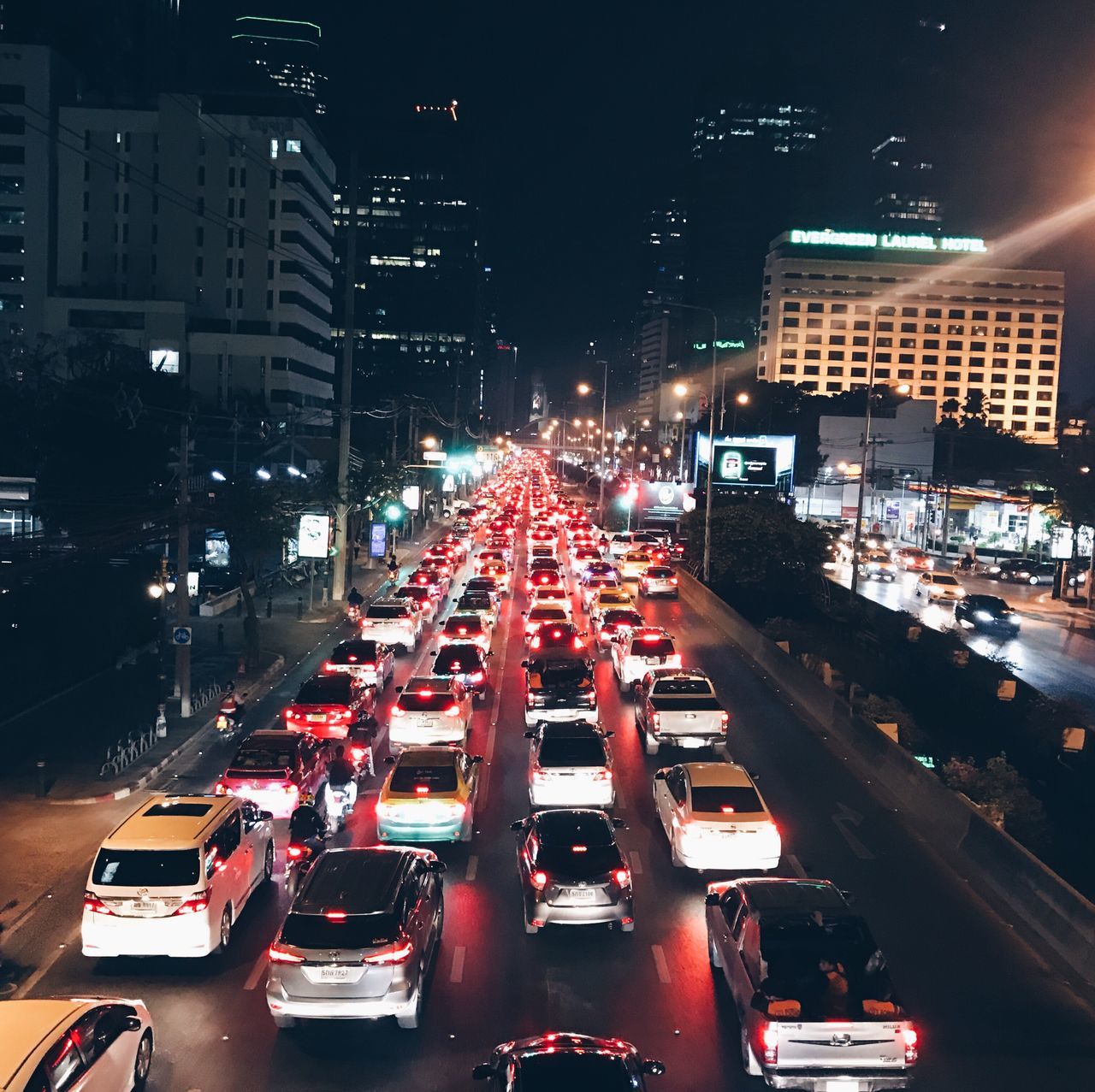 red, traffic, car, night, city, rush hour, city life, illuminated, transportation, city street, traffic jam, travel destinations, motion, road, driving, bridge - man made structure, people, outdoors