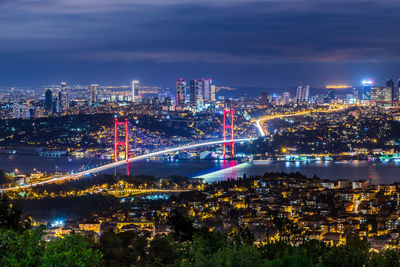 Illuminated cityscape by river against sky at night