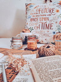 Close-up of text on table