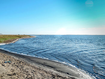 Scenic view of sea against clear blue sky