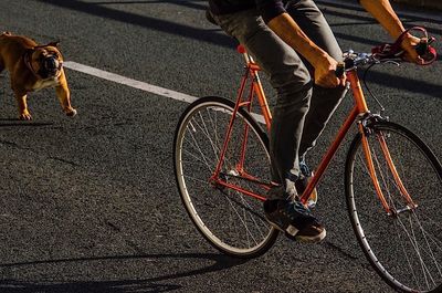 Low section of man riding motorcycle on road