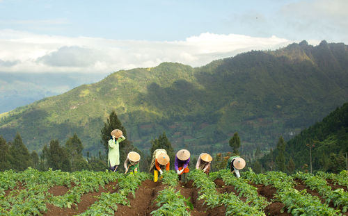 People on mountain road against sky