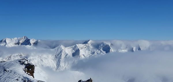 Panoramic view of snowcapped mountains against clear blue sky