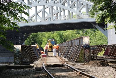 People on railroad bridge