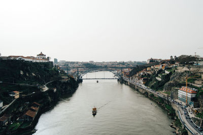 High angle view of douro river amidst buildings against sky