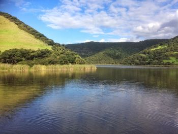 Scenic view of lake in forest against sky