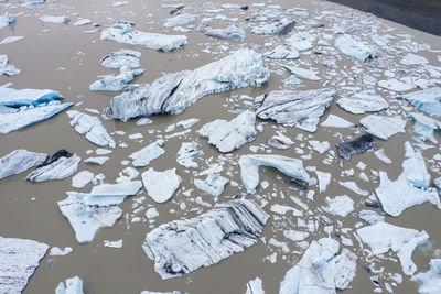 Aerial view of floating icebergs. jokulsarlon lagoon, iceland