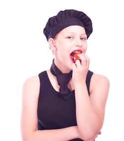 Close-up portrait of young woman against white background