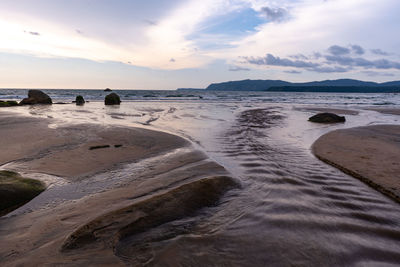 Scenic view of beach against sky during sunset