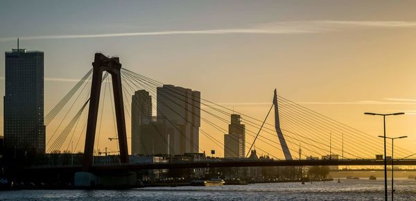 Suspension bridges over nieuwe maas against sky during sunset