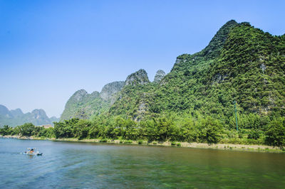 Scenic view of bay against clear sky