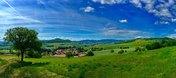 Scenic view of grassy field against cloudy sky