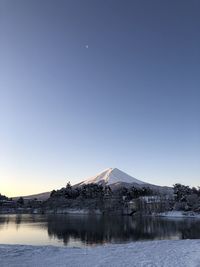 Scenic view of lake by snowcapped mountains against clear sky