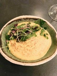 High angle view of soup in bowl on table