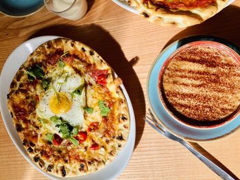 High angle view of breakfast served on table