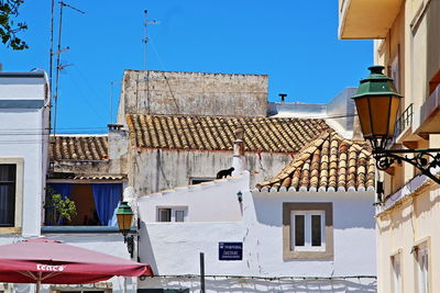 Low angle view of houses in town against sky