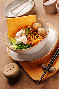 High angle view of soup served on table