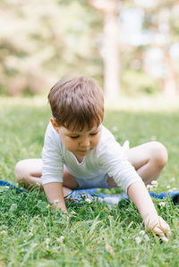 European caucasian little boy strokes and touches grass and greenery in the forest