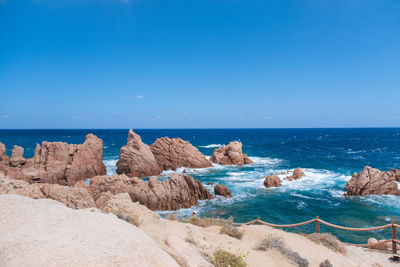 Scenic view of sea against clear blue sky