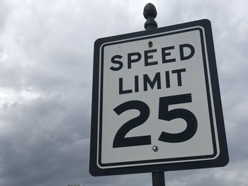 Speed limit 25 mph sign on black pole with cloudy sky