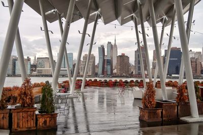 Bridge over river with buildings in background