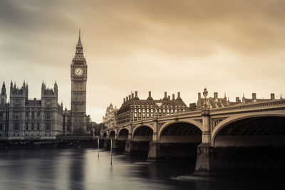 Bridge over river with buildings in background