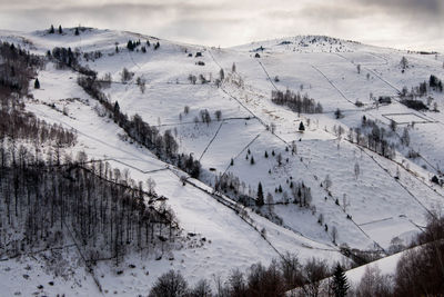 Panoramic view of snow covered landscape against sky