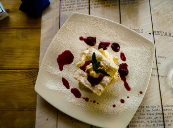 High angle view of dessert in plate on table