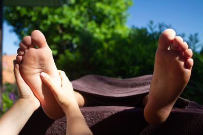 Low section of person relaxing on plant