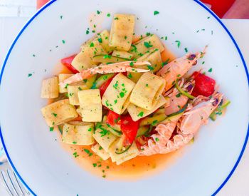 High angle view of cooked pasta with seafood