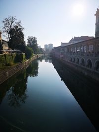 Bridge over river by buildings against sky