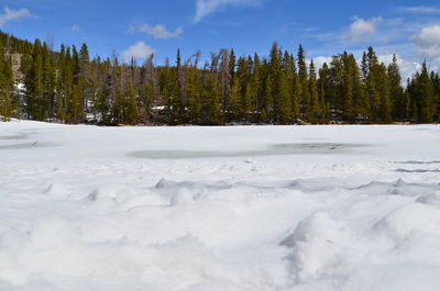 Scenic view of snow covered land against sky