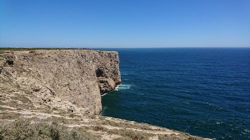 Scenic view of sea against clear blue sky