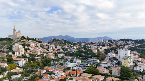 High angle view of townscape against sky