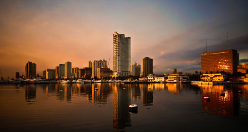 City at waterfront during sunset