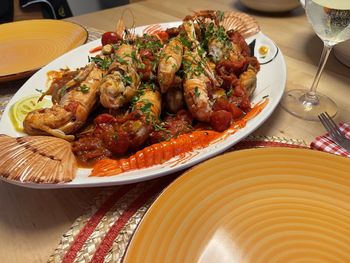 High angle view of meal served on table