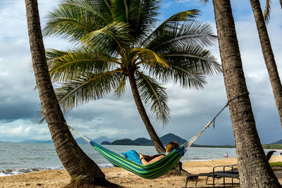 Palm tree on beach against sky