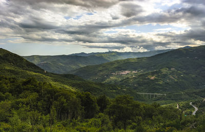 Italy, liguria landscape with mountains trees and villages of the village of vellego