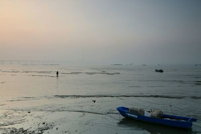 Boats in sea at sunset