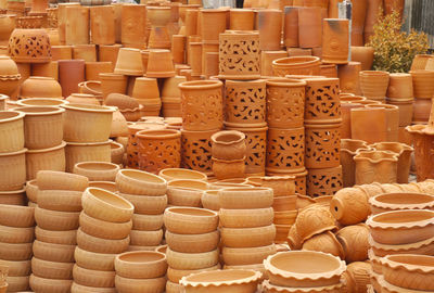 Full frame shot of potteries for sale at workshop