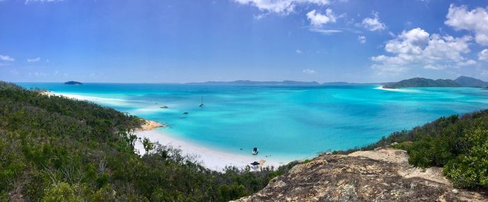 High angle view of beach against blue sky