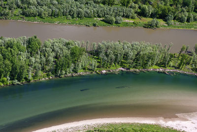 Aerial view of the confluence of mura and drava rivers