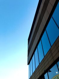 Low angle view of modern building against clear blue sky