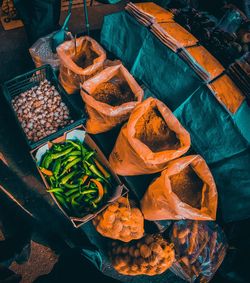 High angle view of spices for sale in market